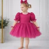 Kız Çocuk Fuşya Puantiyeli Flok Prenses Kol Kabarık Elbise
