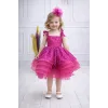 Kız Çocuk Fuşya Taşlı Boncuklu Çift Fiyonk Elbise