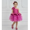 Kız Çocuk Fuşya Tek Omuz Kemer Boncuk İşleme Gren Etekli Elbise