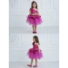 Kız Çocuk Fuşya Tek Omuz Kemer Boncuk İşleme Gren Etekli Elbise