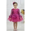 Kız Çocuk Fuşya Uzun Kol Taşlı Boncuklu Elbise