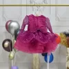 Kız Çocuk Fuşya Uzun Kol Taşlı Boncuklu Elbise