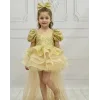 Kız Çocuk Gold Askılı Kısa Kol Kuyruklu Boncuklu Payetli Kabarık Elbise