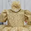 Kız Çocuk Gold Boncuklu Payetli Kısa Balon Kol Kabarık Elbise