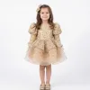 Kız Çocuk Gold Boncuklu Payetli KısaKol  Bilek kol Kabarık Elbise