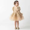 Kız Çocuk Gold Boncuklu Payetli KısaKol  Bilek kol Kabarık Elbise