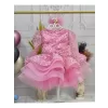 Kız Çocuk Pembe Taşlı Boncuk Uzun Kol Kabarık Parıltılı Elbise