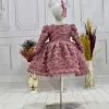Kız Çocuk Gül Desenli Uzun Kol Kabarık Elbise Abiye Gelinlik