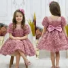 Kız Çocuk Gül Kurusu Gül Desenli Kabarık Elbise