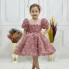 Kız Çocuk Gül Kurusu Gül Desenli Kabarık Elbise