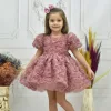 Kız Çocuk Gül Kurusu Gül Desenli Kısa Balon Kol Kabarık Elbise