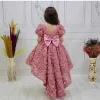 Kız Çocuk Gül Kurusu Gül Desenli Kuyruklu Kıs Kol Elbise Abiye