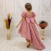 Kız Çocuk Gül Kurusu Gül Desenli Kuyruklu Kıs Kol Elbise Abiye