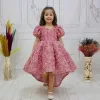 Kız Çocuk Gül Kurusu Gül Desenli Kuyruklu Kıs Kol Elbise Abiye