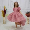 Kız Çocuk Gül Kurusu Gül Desenli Kuyruklu Kıs Kol Elbise Abiye
