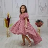 Kız Çocuk Gül Kurusu Gül Desenli Kuyruklu Kıs Kol Elbise Abiye