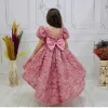 Kız Çocuk Gül Kurusu Gül Desenli Kuyruklu Kıs Kol Elbise Abiye