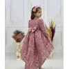 Kız Çocuk Gül Kurusu Gül Desenli Kuyruklu Uzun Kol Elbise Abiye