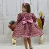 Kız Çocuk Gül Kurusu Gül Desenli Uzun Kol Kabarık Elbise Abiye Gelinlik