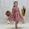 Kız Çocuk Gül Kurusu Gül Desenli Uzun Kol Kabarık Elbise Abiye Gelinlik