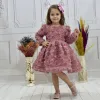 Kız Çocuk Gül Kurusu Gül Desenli Uzun Kol Kabarık Elbise Abiye Gelinlik