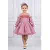 Kız Çocuk Gül Kurusu Parıltılı Üstü Tül Detaylı Kabarık Elbise