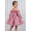 Kız Çocuk Gül Kurusu Parıltılı Üstü Tül Detaylı Kabarık Elbise