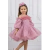 Kız Çocuk Gül Kurusu Parıltılı Üstü Tül Detaylı Kabarık Elbise