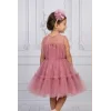 Kız Çocuk Gül Kurusu Şeffaf Üst Ön Fiyonk Detaylı Kemerli Kabarık Elbise