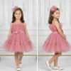 Kız Çocuk Gül Kurusu Şeffaf Üst Ön Fiyonk Detaylı Kemerli Kabarık Elbise
