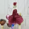 Kız Çocuk Kabarık Bordo Boncuklu Uzun Kol Gren Etekli Elbise