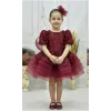 Kız Çocuk Kabarık Bordo Boncuklu Kısa Balon Kol