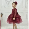 Kız Çocuk Kabarık Bordo Boncuklu Uzun Kol Gren Etekli Elbise