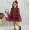 Kız Çocuk Kabarık Bordo Boncuklu Uzun Kol Gren Etekli Elbise