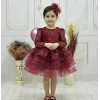 Kız Çocuk Kabarık Bordo Boncuklu Uzun Kol Gren Etekli Elbise