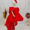 Kırmızı Abiye + Kelebek V Yaka Gül Desenli Kısa Balon Kol Elbise Abiye