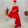 Kırmızı Abiye + Kelebek V Yaka Gül Desenli Kısa Balon Kol Elbise Abiye