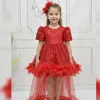 Kız Çocuk Kırmızı Arkası Tüylü Kısa Balon Kol Elbise Abiye