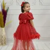 Kız Çocuk Kırmızı Arkası Tüylü Kısa Balon Kol Elbise Abiye