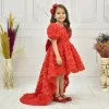 Kız Çocuk Kırmızı Arkası V Yaka Gül Desenli Kısa Balon Kol Elbise Abiye