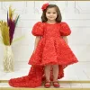 Kız Çocuk Kırmızı Arkası V Yaka Gül Desenli Kısa Balon Kol Elbise Abiye