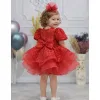 Kız Çocuk Kırmızı Boncuklu Payetli Kabarık Elbise