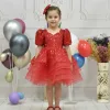 Kız Çocuk Kırmızı Boncuklu Payetli Kabarık Elbise