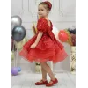 Kız Çocuk Kırmızı Boncuklu Payetli Kabarık Elbise