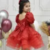 Kız Çocuk Kırmızı Boncuklu Payetli Kabarık Elbise