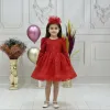 Kız Çocuk Kırmızı Boncuklu Payetli Kabarık Elbise Uzun Kol