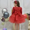 Kız Çocuk Kırmızı Boncuklu Payetli Kalp Detaylı Kabarık Elbise