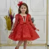 Kız Çocuk Kırmızı Boncuklu Payetli Yakası Taş İşlemeli Dekolteli Kabarık Elbise