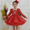 Kız Çocuk Kırmızı Boncuklu Payetli Yakası Taş İşlemeli Dekolteli Kabarık Elbise