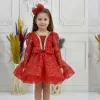 Kız Çocuk Kırmızı Boncuklu Payetli Yakası Taş İşlemeli Dekolteli Kabarık Elbise